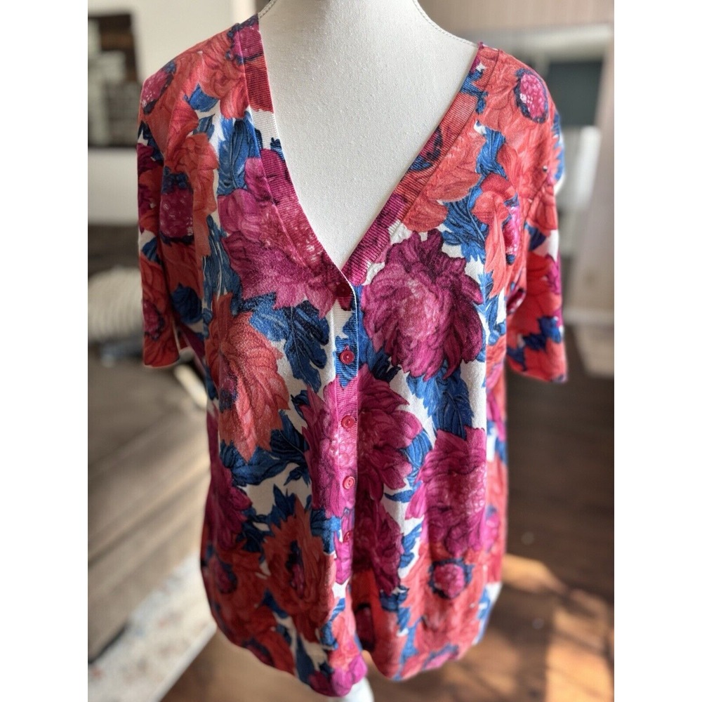 Talbots Cardigan Sweater 1X Floral Colorful Knit Button‎ Up V Neck Fairy